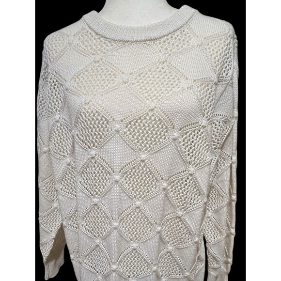 Oversized Crew Neck Ivory Knit Sweater Diamond Pattern Novelty Stitch Women’s 1X - Picture 3 of 10